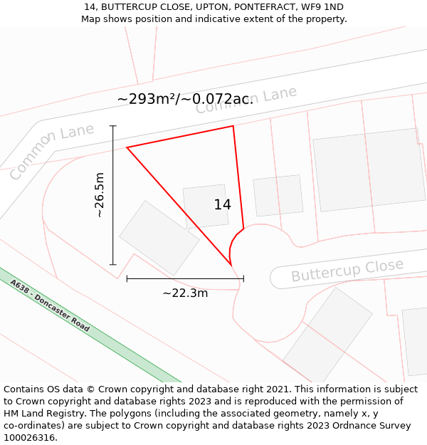 14, BUTTERCUP CLOSE, UPTON, PONTEFRACT, WF9 1ND: Plot and title map