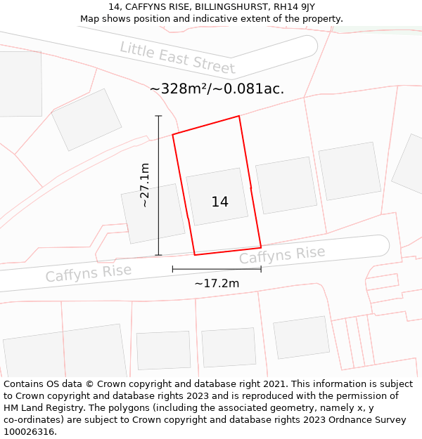 14, CAFFYNS RISE, BILLINGSHURST, RH14 9JY: Plot and title map