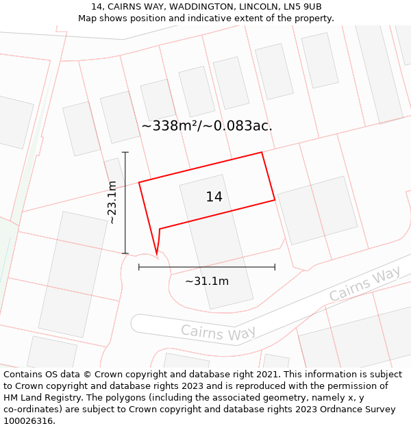 14, CAIRNS WAY, WADDINGTON, LINCOLN, LN5 9UB: Plot and title map