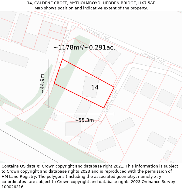 14, CALDENE CROFT, MYTHOLMROYD, HEBDEN BRIDGE, HX7 5AE: Plot and title map