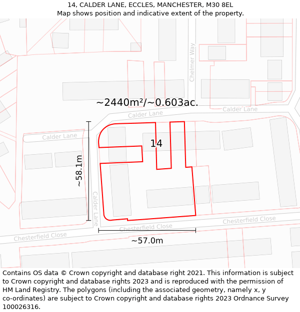 14, CALDER LANE, ECCLES, MANCHESTER, M30 8EL: Plot and title map