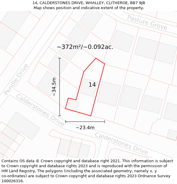 14, CALDERSTONES DRIVE, WHALLEY, CLITHEROE, BB7 9JB: Plot and title map