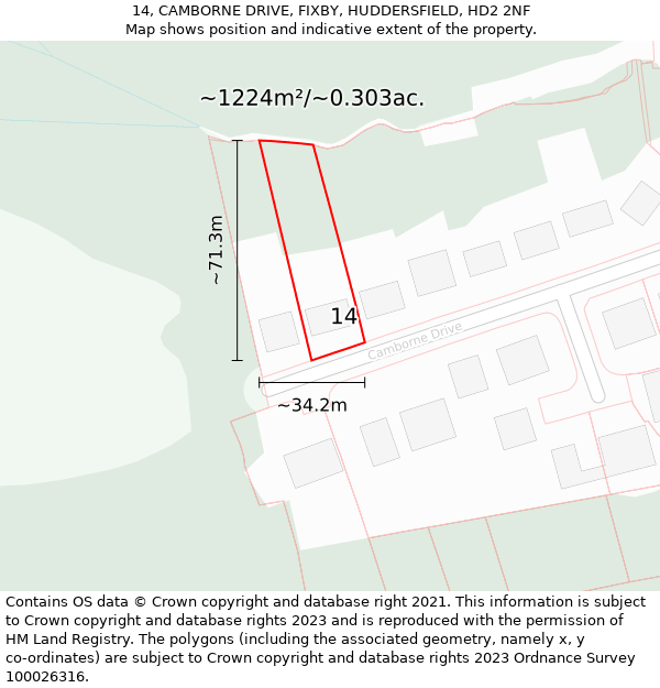 14, CAMBORNE DRIVE, FIXBY, HUDDERSFIELD, HD2 2NF: Plot and title map