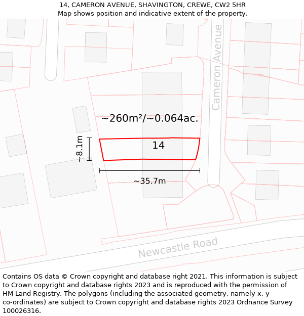 14, CAMERON AVENUE, SHAVINGTON, CREWE, CW2 5HR: Plot and title map