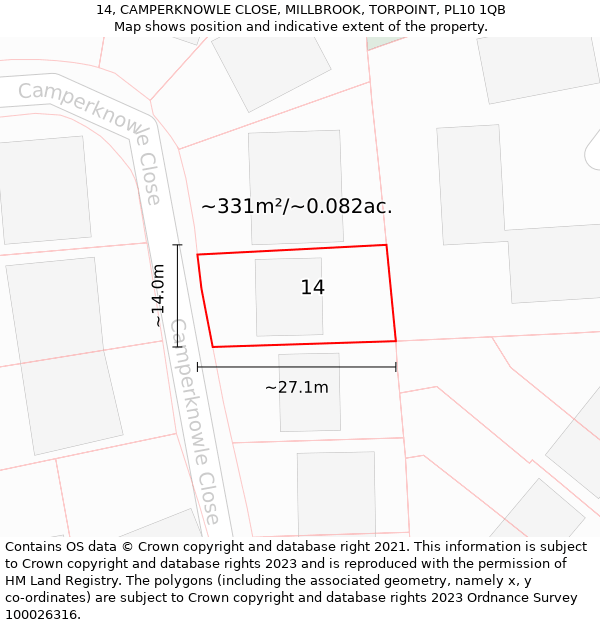 14, CAMPERKNOWLE CLOSE, MILLBROOK, TORPOINT, PL10 1QB: Plot and title map