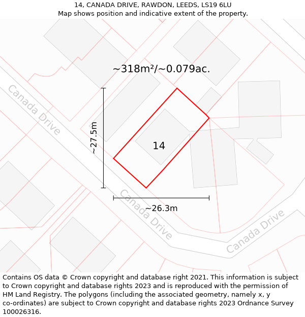 14, CANADA DRIVE, RAWDON, LEEDS, LS19 6LU: Plot and title map