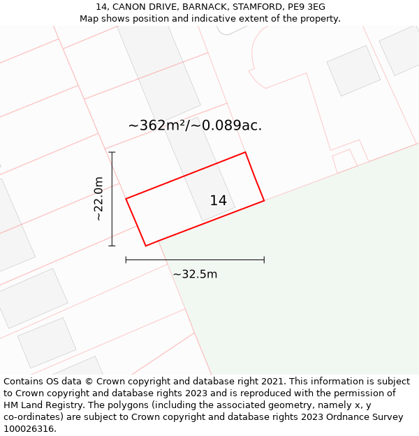 14, CANON DRIVE, BARNACK, STAMFORD, PE9 3EG: Plot and title map