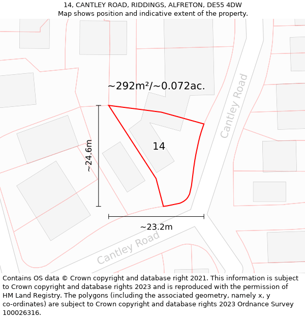 14, CANTLEY ROAD, RIDDINGS, ALFRETON, DE55 4DW: Plot and title map