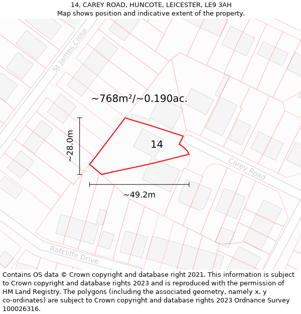 14, CAREY ROAD, HUNCOTE, LEICESTER, LE9 3AH: Plot and title map