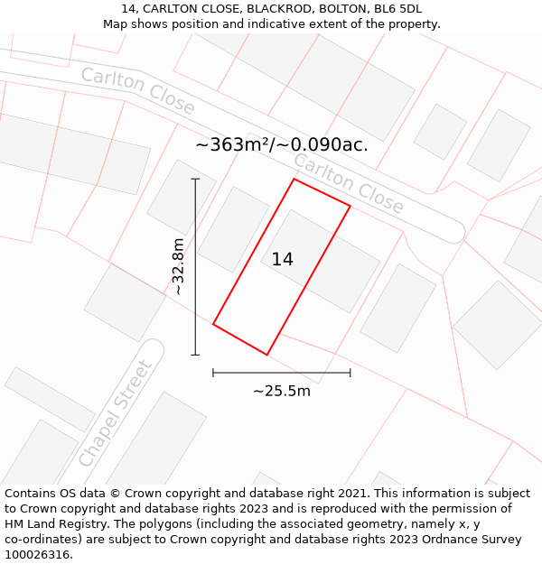 14, CARLTON CLOSE, BLACKROD, BOLTON, BL6 5DL: Plot and title map