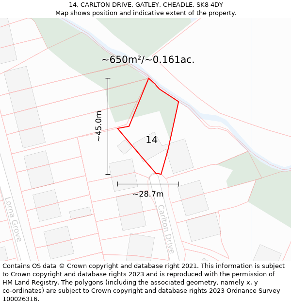 14, CARLTON DRIVE, GATLEY, CHEADLE, SK8 4DY: Plot and title map