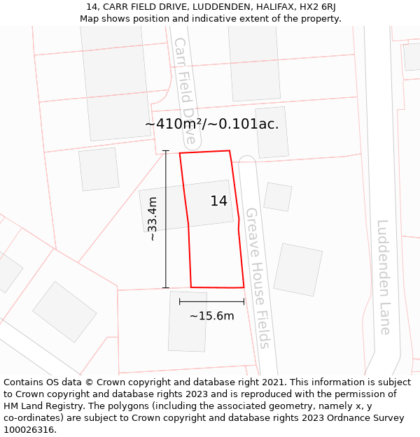 14, CARR FIELD DRIVE, LUDDENDEN, HALIFAX, HX2 6RJ: Plot and title map