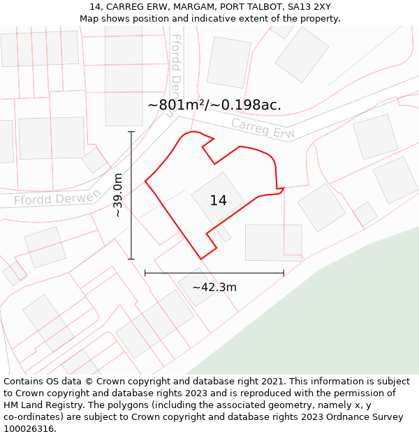 14, CARREG ERW, MARGAM, PORT TALBOT, SA13 2XY: Plot and title map