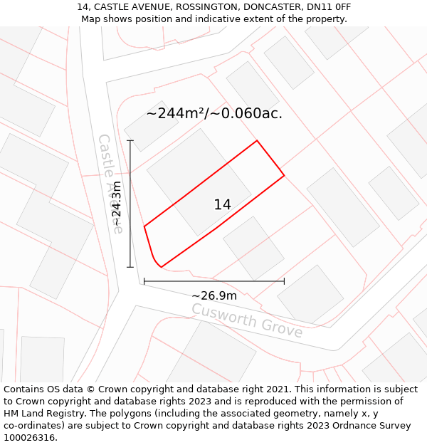 14, CASTLE AVENUE, ROSSINGTON, DONCASTER, DN11 0FF: Plot and title map