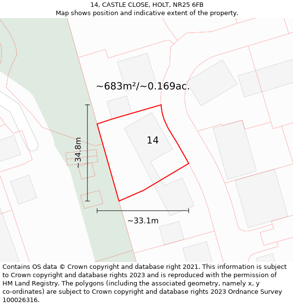 14, CASTLE CLOSE, HOLT, NR25 6FB: Plot and title map