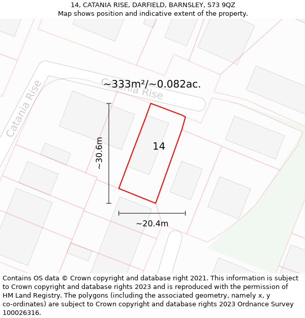 14, CATANIA RISE, DARFIELD, BARNSLEY, S73 9QZ: Plot and title map