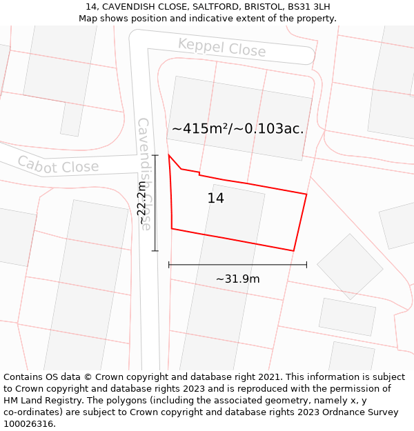 14, CAVENDISH CLOSE, SALTFORD, BRISTOL, BS31 3LH: Plot and title map