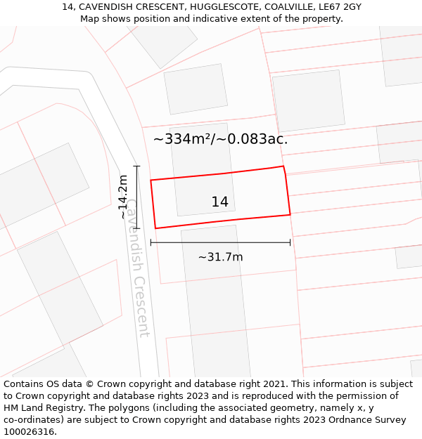 14, CAVENDISH CRESCENT, HUGGLESCOTE, COALVILLE, LE67 2GY: Plot and title map