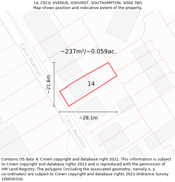 14, CECIL AVENUE, ASHURST, SOUTHAMPTON, SO40 7BG: Plot and title map