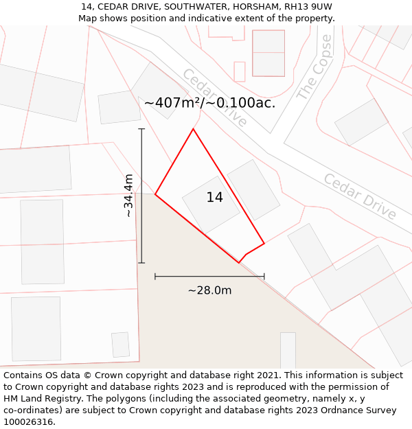 14, CEDAR DRIVE, SOUTHWATER, HORSHAM, RH13 9UW: Plot and title map