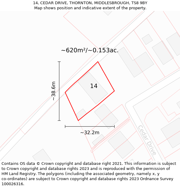 14, CEDAR DRIVE, THORNTON, MIDDLESBROUGH, TS8 9BY: Plot and title map