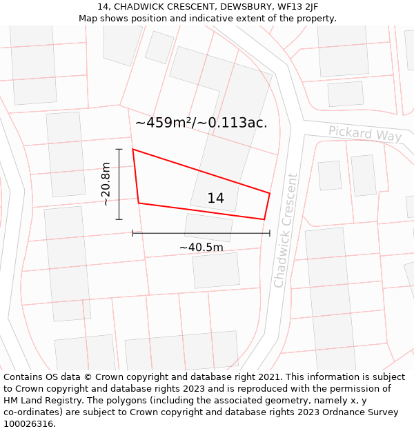 14, CHADWICK CRESCENT, DEWSBURY, WF13 2JF: Plot and title map