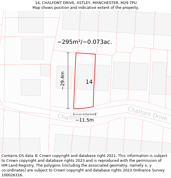 14, CHALFONT DRIVE, ASTLEY, MANCHESTER, M29 7PU: Plot and title map