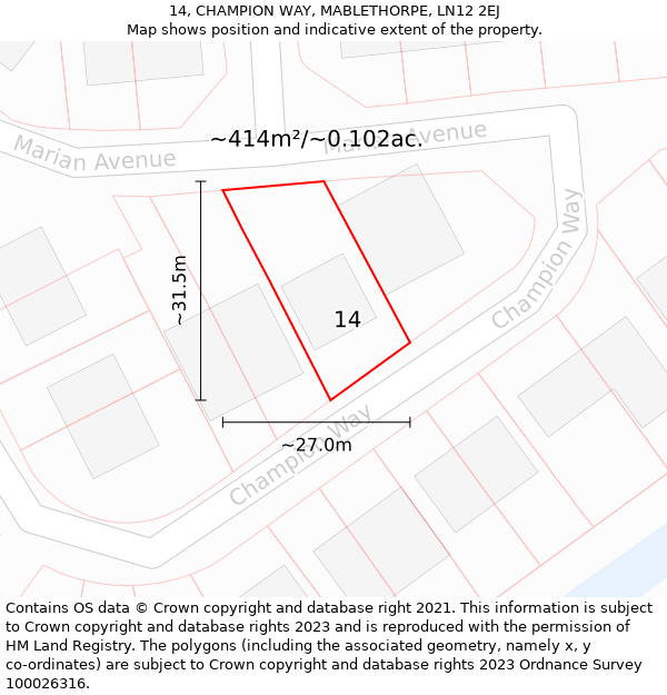 14, CHAMPION WAY, MABLETHORPE, LN12 2EJ: Plot and title map