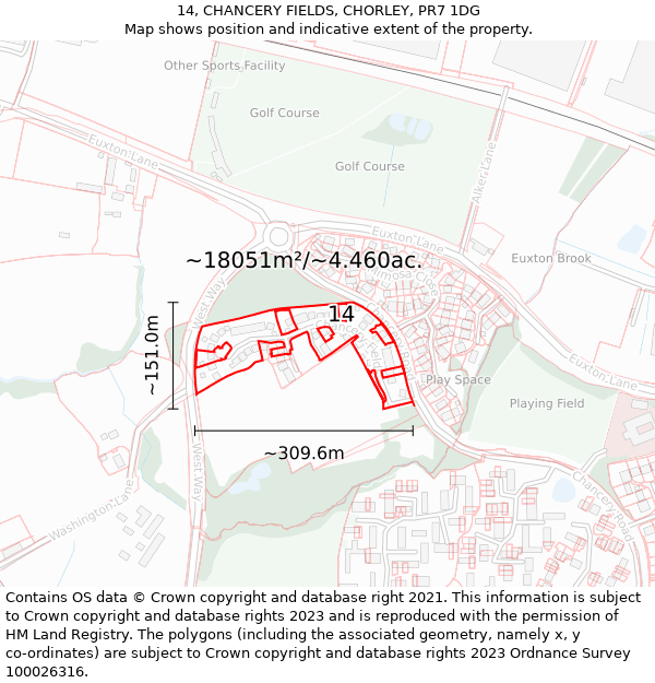 14, CHANCERY FIELDS, CHORLEY, PR7 1DG: Plot and title map