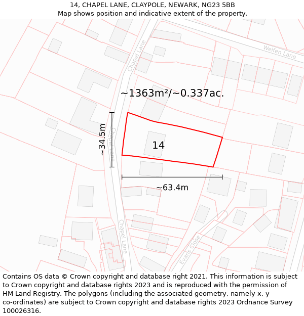 14, CHAPEL LANE, CLAYPOLE, NEWARK, NG23 5BB: Plot and title map