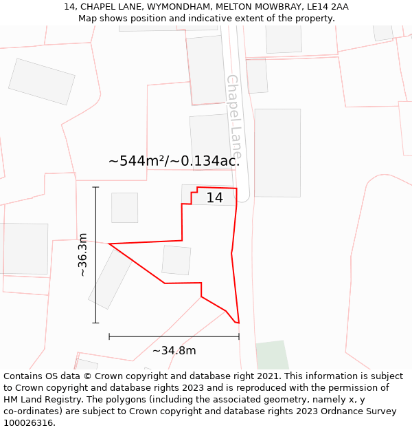 14, CHAPEL LANE, WYMONDHAM, MELTON MOWBRAY, LE14 2AA: Plot and title map