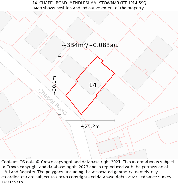 14, CHAPEL ROAD, MENDLESHAM, STOWMARKET, IP14 5SQ: Plot and title map