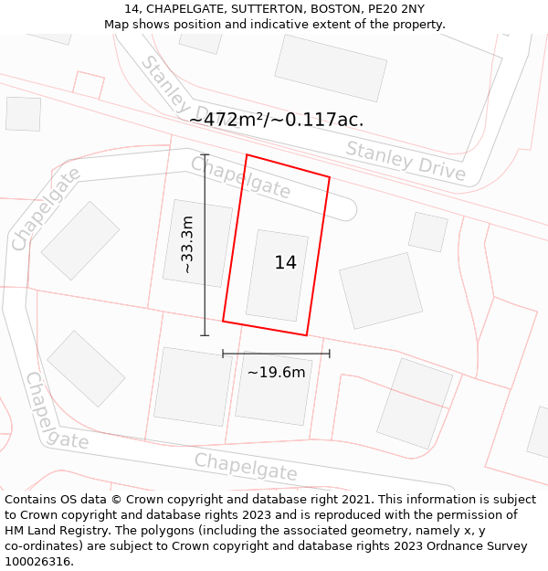 14, CHAPELGATE, SUTTERTON, BOSTON, PE20 2NY: Plot and title map