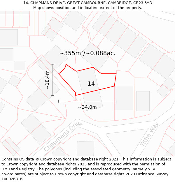 14, CHAPMANS DRIVE, GREAT CAMBOURNE, CAMBRIDGE, CB23 6AD: Plot and title map