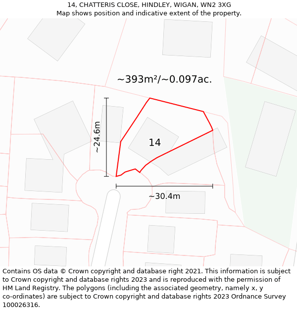 14, CHATTERIS CLOSE, HINDLEY, WIGAN, WN2 3XG: Plot and title map