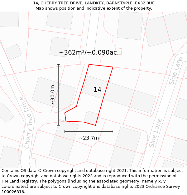 14, CHERRY TREE DRIVE, LANDKEY, BARNSTAPLE, EX32 0UE: Plot and title map