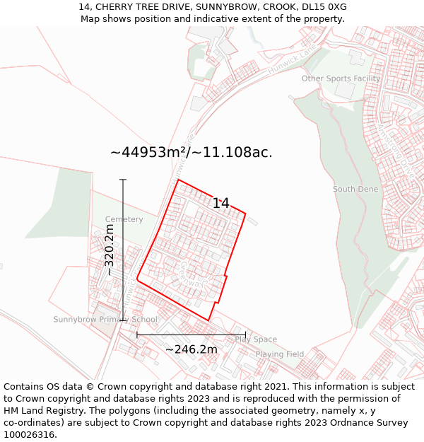 14, CHERRY TREE DRIVE, SUNNYBROW, CROOK, DL15 0XG: Plot and title map