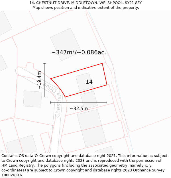 14, CHESTNUT DRIVE, MIDDLETOWN, WELSHPOOL, SY21 8EY: Plot and title map