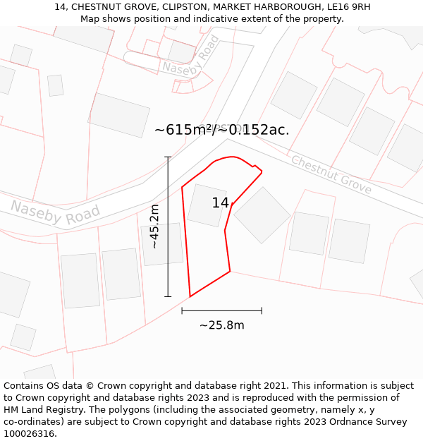 14, CHESTNUT GROVE, CLIPSTON, MARKET HARBOROUGH, LE16 9RH: Plot and title map