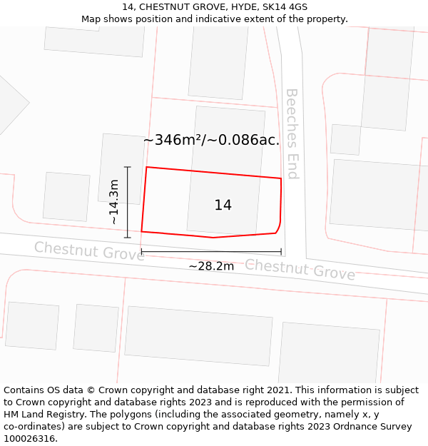 14, CHESTNUT GROVE, HYDE, SK14 4GS: Plot and title map