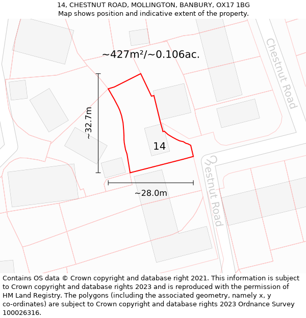 14, CHESTNUT ROAD, MOLLINGTON, BANBURY, OX17 1BG: Plot and title map