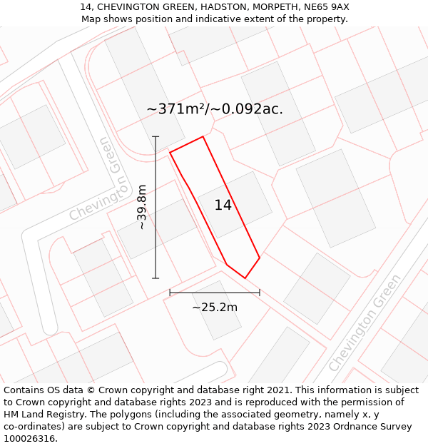 14, CHEVINGTON GREEN, HADSTON, MORPETH, NE65 9AX: Plot and title map