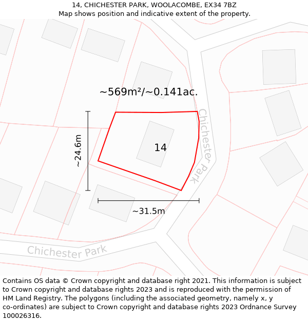 14, CHICHESTER PARK, WOOLACOMBE, EX34 7BZ: Plot and title map