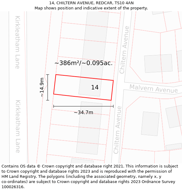 14, CHILTERN AVENUE, REDCAR, TS10 4AN: Plot and title map