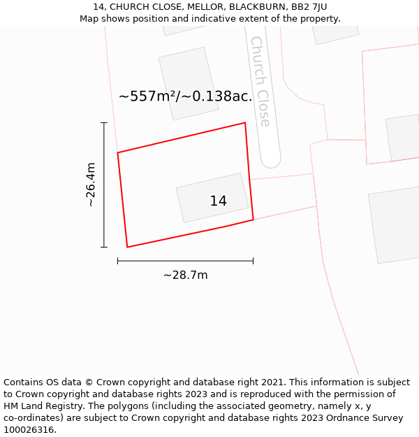 14, CHURCH CLOSE, MELLOR, BLACKBURN, BB2 7JU: Plot and title map