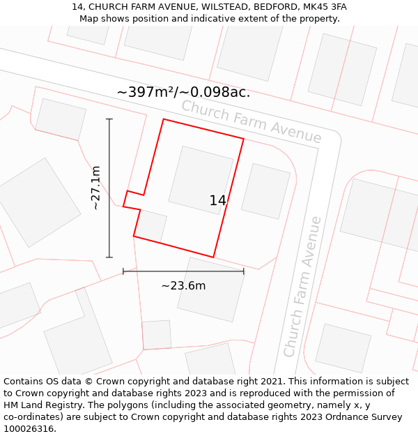 14, CHURCH FARM AVENUE, WILSTEAD, BEDFORD, MK45 3FA: Plot and title map