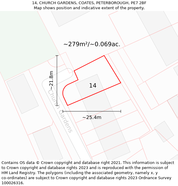 14, CHURCH GARDENS, COATES, PETERBOROUGH, PE7 2BF: Plot and title map