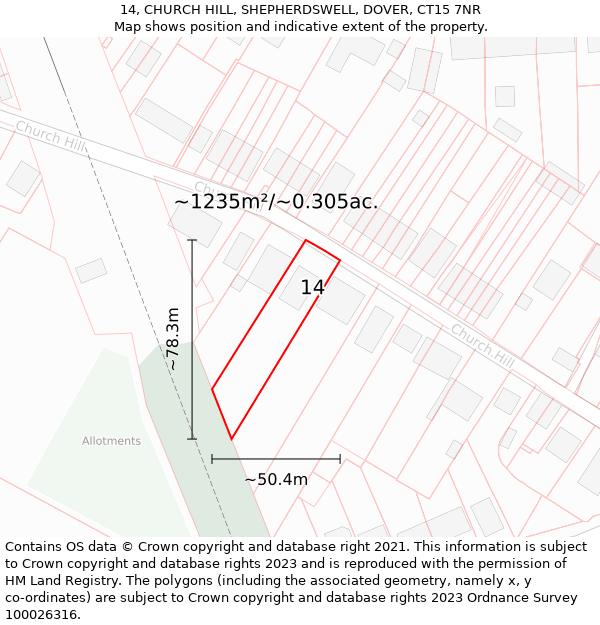 14, CHURCH HILL, SHEPHERDSWELL, DOVER, CT15 7NR: Plot and title map