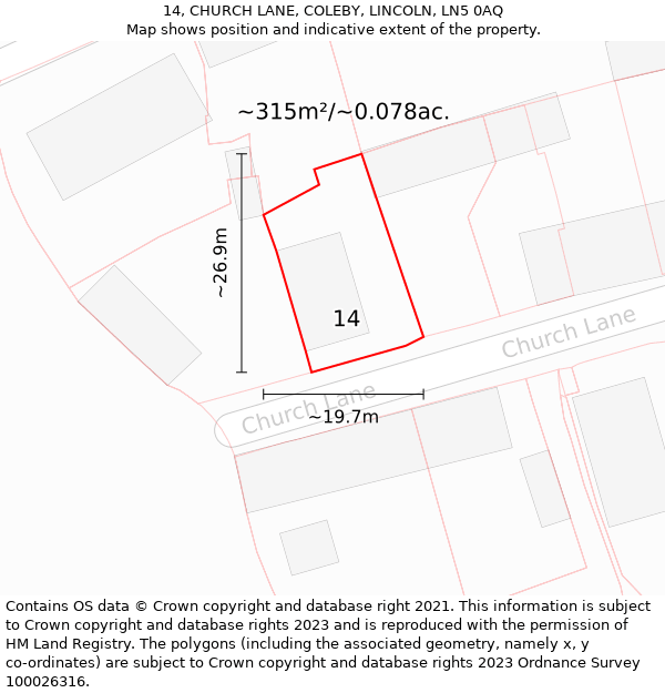 14, CHURCH LANE, COLEBY, LINCOLN, LN5 0AQ: Plot and title map