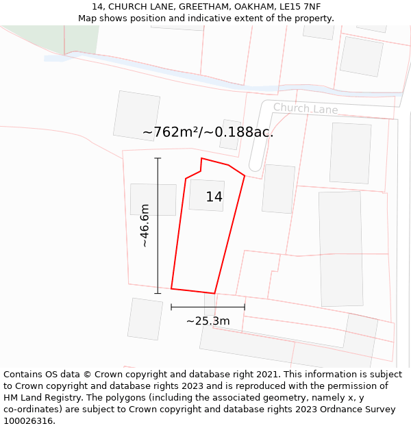 14, CHURCH LANE, GREETHAM, OAKHAM, LE15 7NF: Plot and title map